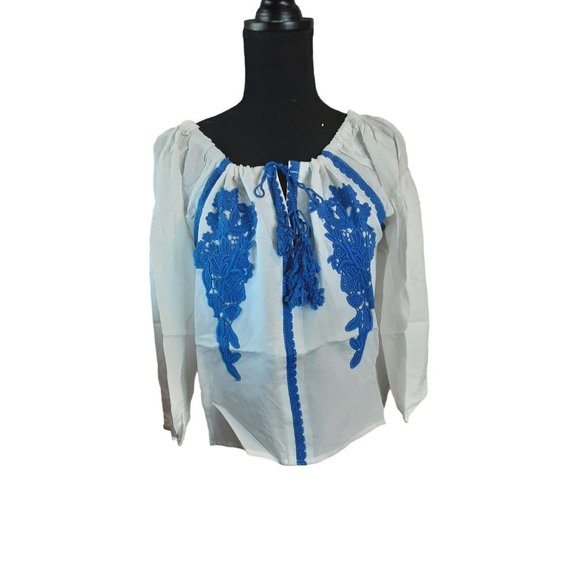 2/$35-Line & Dot Embroidery Off Shoulder Pheasant Boho Blouse Women's Size M - Picture 4 of 13